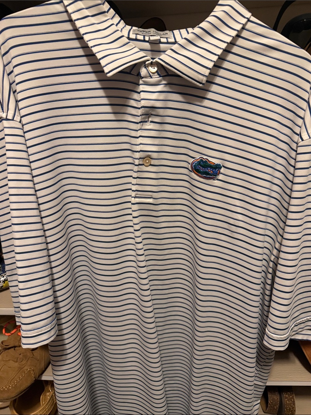 Peter Millar White Polo with Blue Stripes Florida Gators